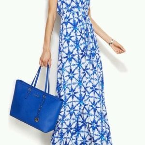 Michael Kors Glazed Tile Pleated V-Neck Crepe Maxi Dress Royal Blue 2